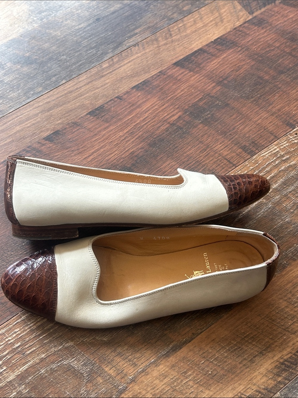 Polo by Ralph Lauren Cream Leather Flats with Brown Croc-Embossed Cap Toe
